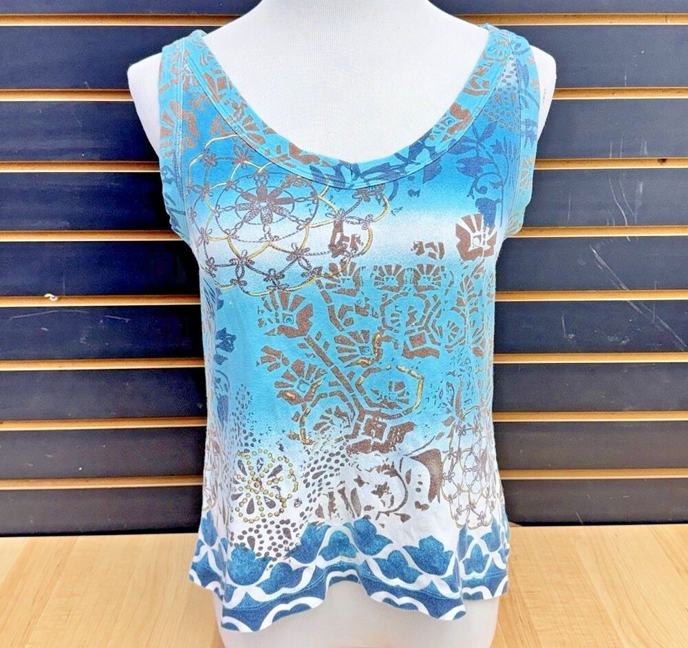 White Stag Tank Top Turquoise Brown Abstract Floral Print Size M 100% Cotton